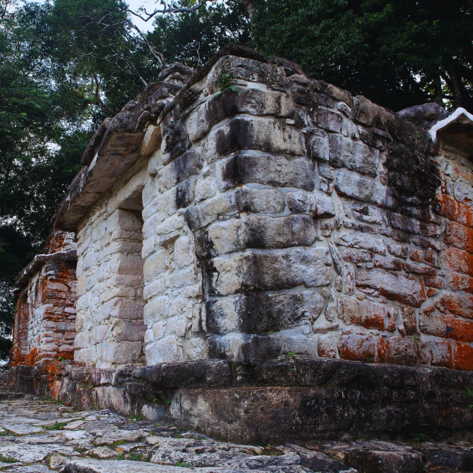 Bonampak temple structure in Chiapas, Mexico, with weathered limestone blocks and jungle backdrop.