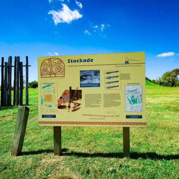 Interpretive sign at Cahokia Mounds showing Stockade construction, layout of the Grand Plaza, and map of the ancient Mississippian site near St. Louis, Illinois.
