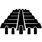 Black silhouette icon of Calakmul ruins in Campeche, Mexico, showing a stepped Maya pyramid with stairway and supporting columns.