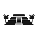Stencil icon of Cantona in Puebla, Mexico, showing stepped platforms with central stairway and maguey plants.