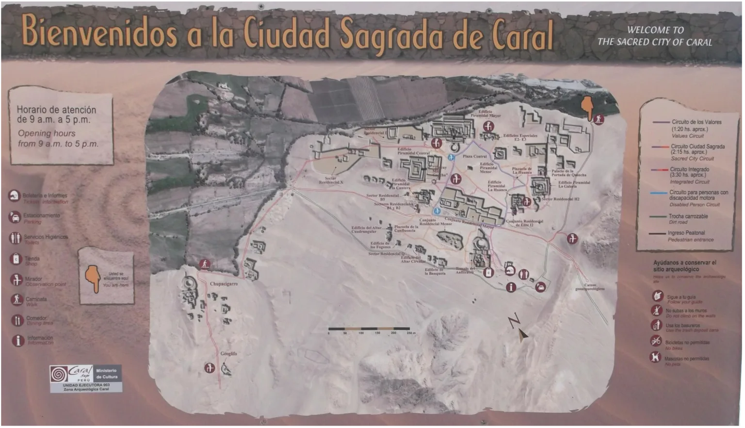 Visitor guide map of Caral ruins in the Supe Valley, Peru, showing pyramids, plazas, and layout of the ancient city.