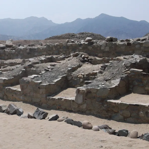 Weathered pyramid terraces at Caral archaeological site, built 5,000 years ago without metal or pottery