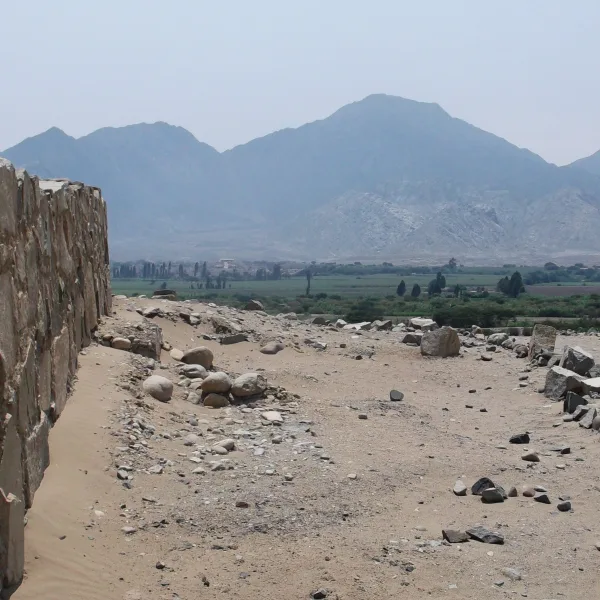 Stone pyramid terraces at Caral in the Supe Valley, Peru, the oldest city in the Americas.