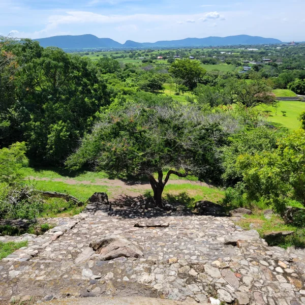 View from atop a stone staircase at Chalcatzingo ruins in Morelos, overlooking green valley terrain and distant hills