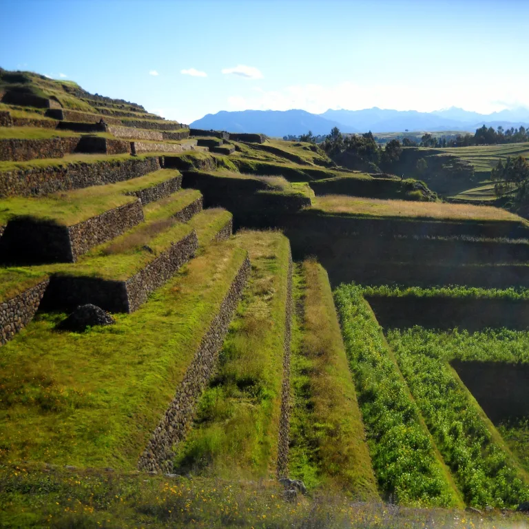 Stone Inca agricultural terraces of Chinchero lit by evening sun, with rows of green crops and distant Andean mountains in the background.