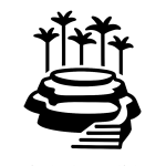 Black stencil-style icon of Ciudad Perdida, showing three circular stone terraces with a staircase ascending to the top tier, flanked by palm trees in the background.