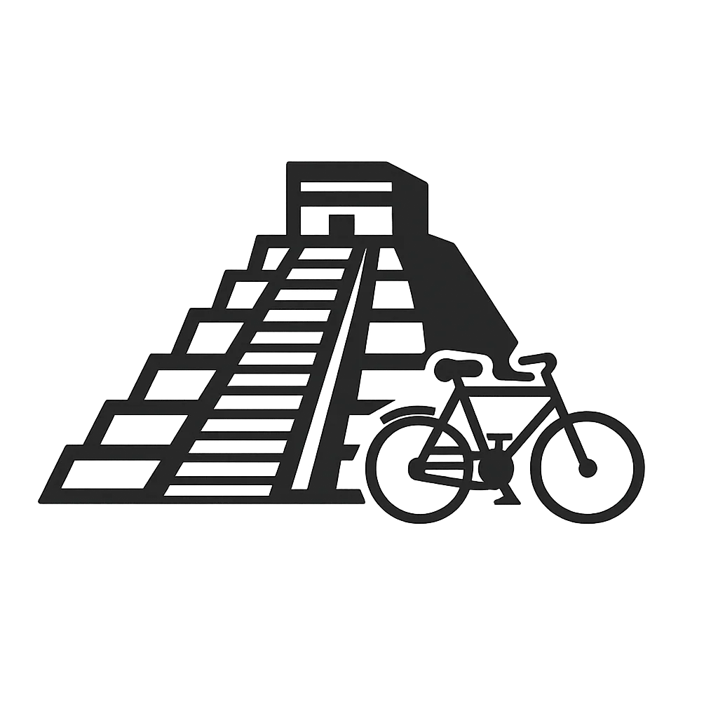 Stencil icon of Cobá in Quintana Roo, Mexico, showing a Maya pyramid with bicycle for site access.