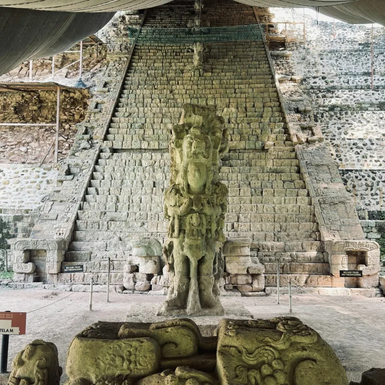 Hieroglyphic Stairway and carved stela at Copan Maya ruins in Honduras showcasing ancient inscriptions and stone sculpture
