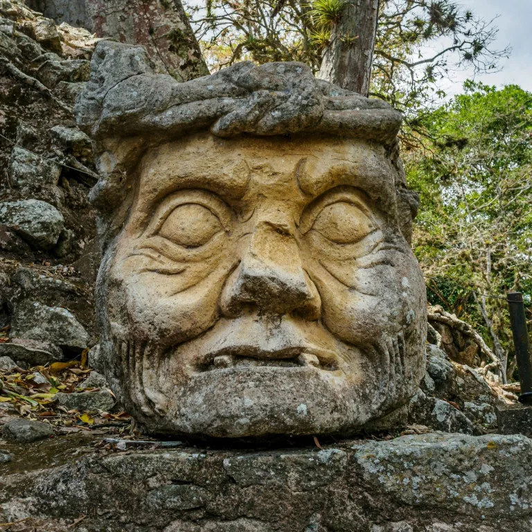Close-up of a large carved stone face at the Copán ruins in Honduras, showing expressive Maya features and detailed stonework.