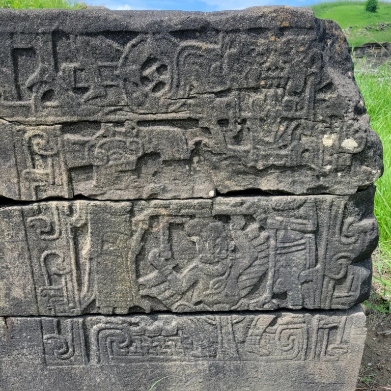 Detailed stone carving at El Tajín ballcourt sacrifice ritual scenes and geometric motifs from the ancient Veracruz culture