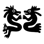 Black stencil-style icon of two facing dragon-like figures inspired by the friezes of Huaca Arco Iris (El Dragón), symbolizing Moche-era mythology