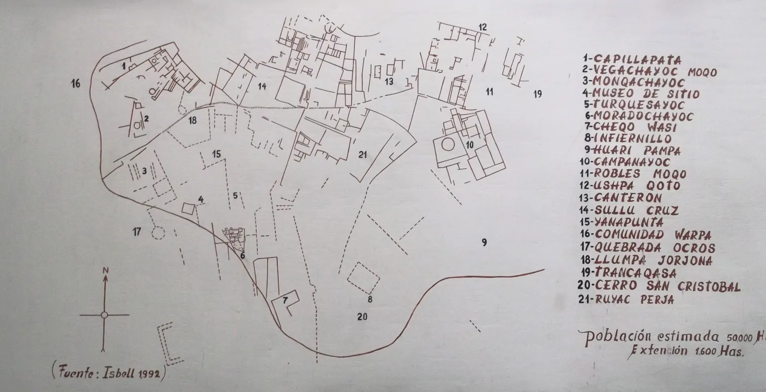 Hand-drawn site map of Huari in Ayacucho, Peru, showing labeled structures and schematic layout of the Wari capital.