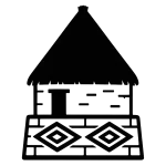 Black stencil-style icon of a Chachapoya roundhouse with thatched roof, stone walls, and geometric frieze design, inspired by Kuélap architecture