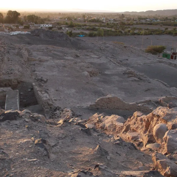 Overhead view from Los Paredones ruins looking west toward Nazca as the sun begins to set