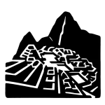 Black stencil-style icon of a Chachapoya roundhouse with thatched roof, stone walls, and geometric frieze design, inspired by Kuélap architecture