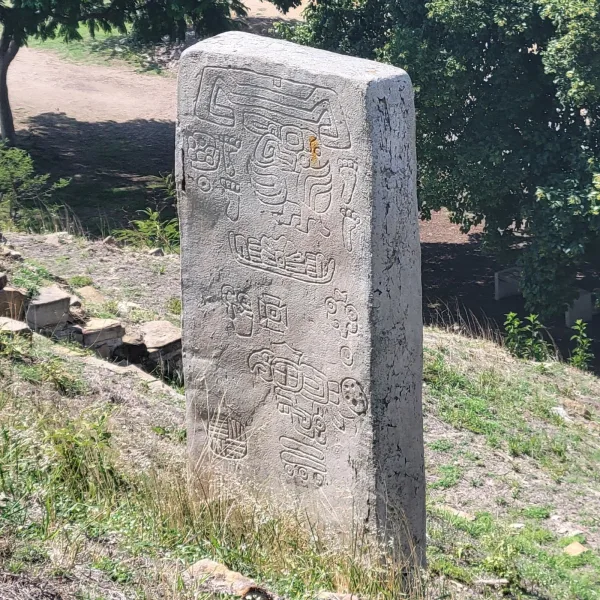 Carved Danzantes stone reliefs at Monte Albán, depicting possible captives or sacrificial victims from the early Zapotec period.