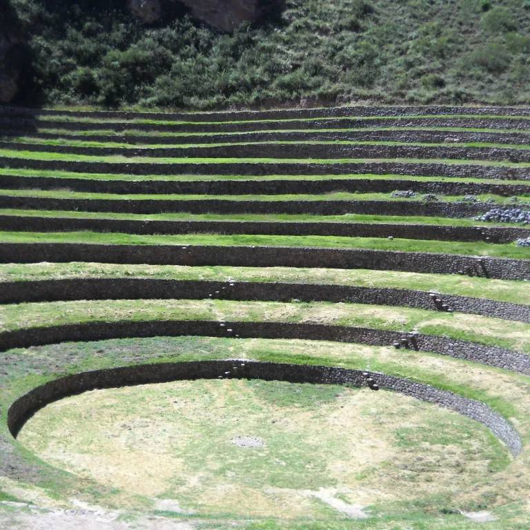 Sunlit view of Moray’s concentric circular terraces used by the Inca for high-altitude crop experimentation