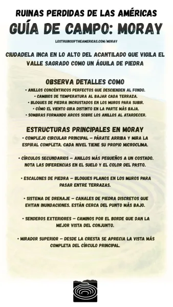 Guía de campo de Moray en español. Información sobre los anillos concéntricos, microclimas, canales de drenaje y miradores en las terrazas circulares incas del Valle Sagrado