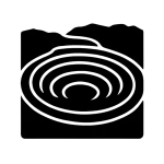Stencil-style icon of Moray ruins showing concentric circular terraces descending into the earth, with surrounding mountain outlines.