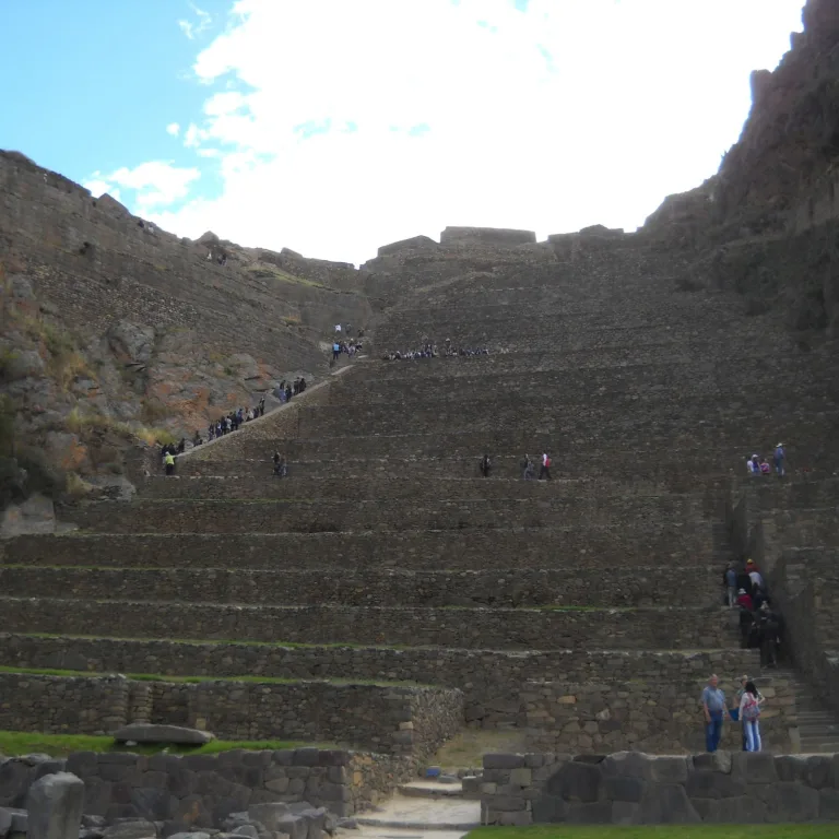 Steep stone terraces at Ollantaytambo rising toward the Temple Hill, showing Inca engineering and defensive design.