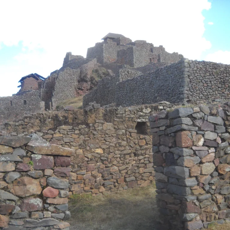 Cluster of Inca stone buildings and rooms in the upper sector of Pisac ruins