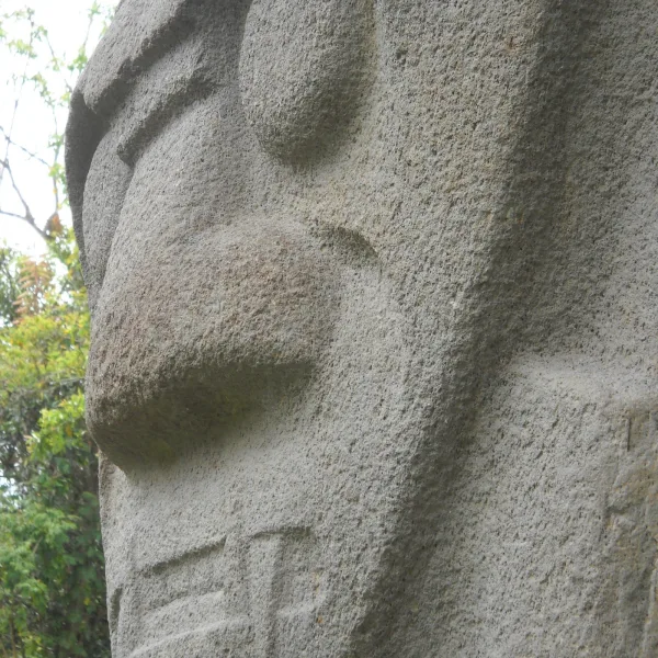 Close-up side view of a carved monolithic face from San Agustín, Colombia, showing bold facial features in volcanic stone
