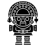 Black-and-white stylized icon representing a Sicán figure wearing a traditional headdress and ceremonial attire