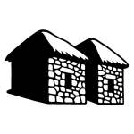 Stylized black-and-white icon of two thatched stone buildings representing the ruins of Tarmatambo, Peru