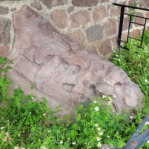 Close-up of Teotenango’s carved serpent head, partially buried and surrounded by wildflowers near a retaining wall
