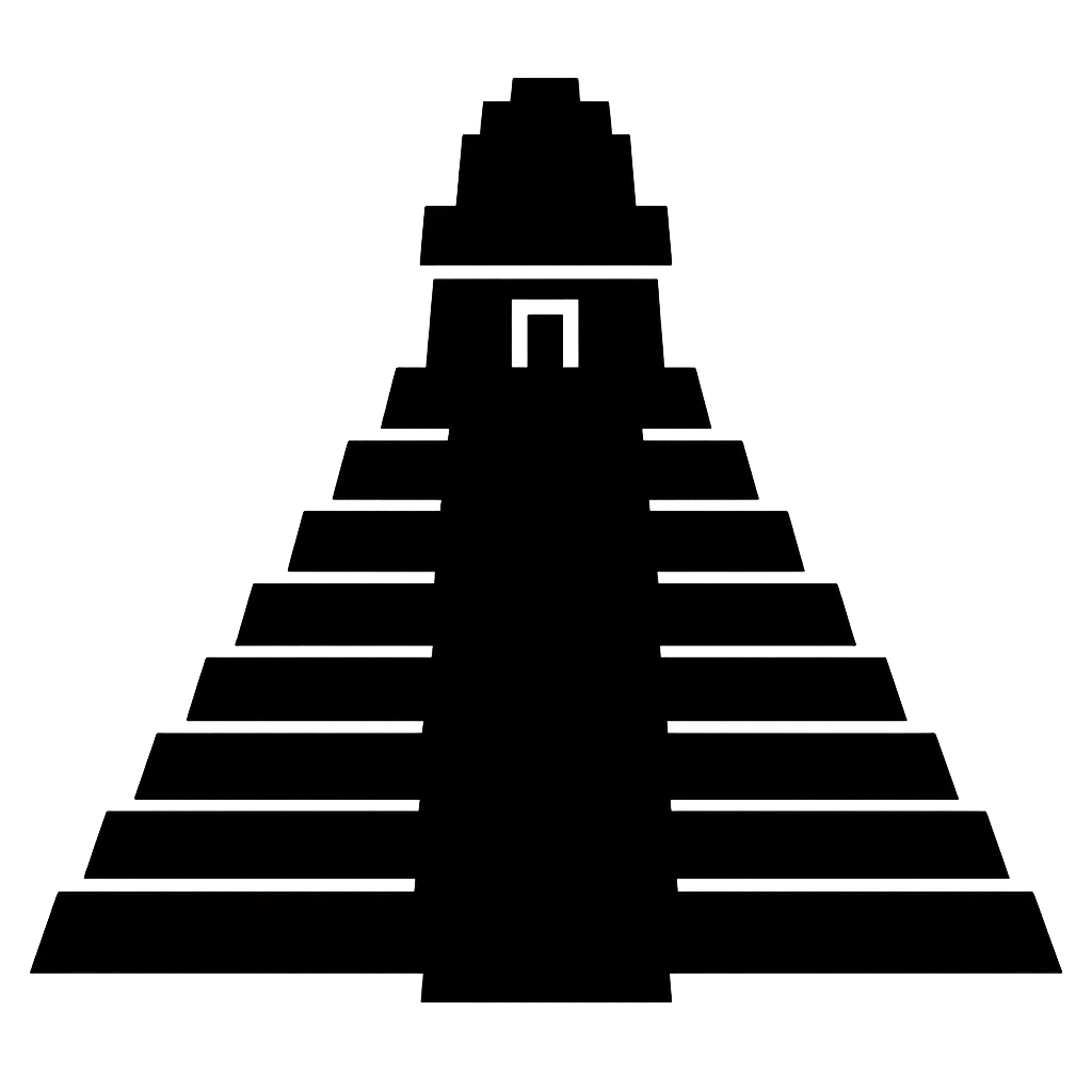 Stencil icon of Tikal in Petén, Guatemala, showing a stepped Maya pyramid temple with central doorway.