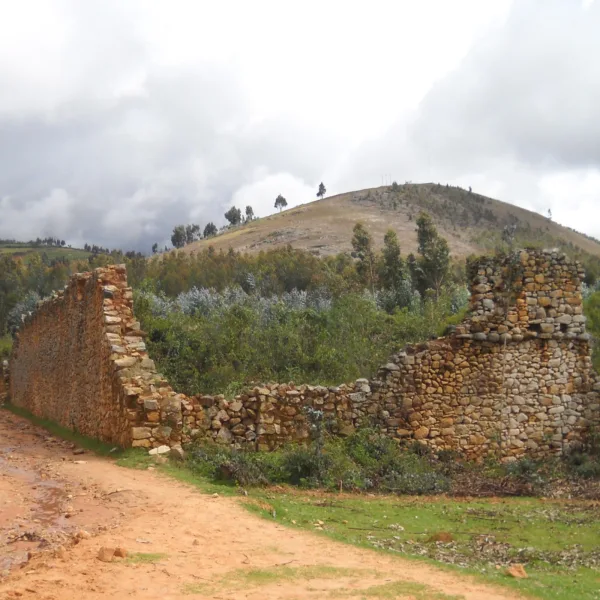 Ancient stone wall ruins at Viracochapampa, Huamachuco, Peru, an important Wari archaeological site in the northern Andes.