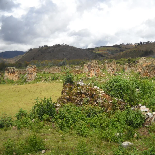 Ancient stone wall remains at Viracochapampa archaeological site near Huamachuco, Peru, surrounded by vegetation.