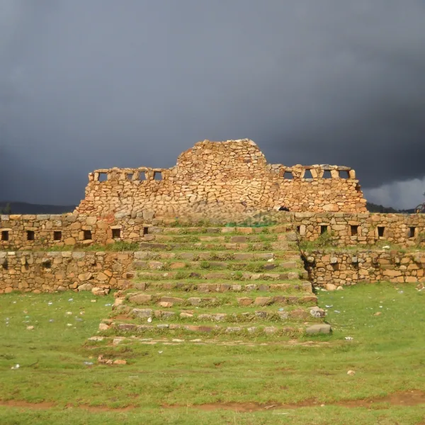 Main Wari temple staircase at Viracochapampa, ancient stone ruins in Huamachuco, Peru.