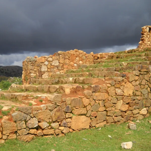 Terraced stone platform at Viracochapampa, archaeological site of the Wari culture in Huamachuco, Peru.