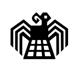 Black stencil-style icon inspired by Wari (Huari) imagery, depicting a winged figure with geometric arms and stepped pattern below — symbolizing Andean imperial architecture and cosmic order.