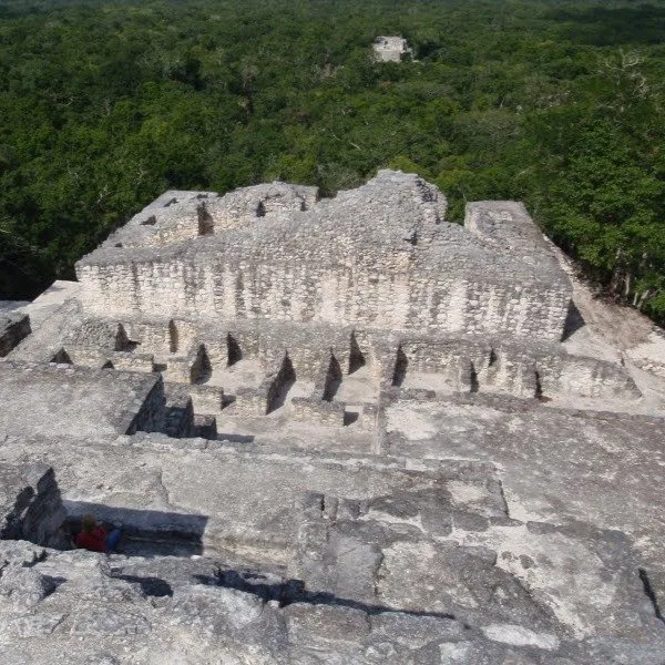 View from atop a temple at Calakmul showing stone architecture and dense jungle landscape