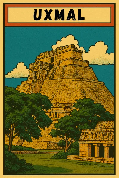 Comic book style illustration of Uxmal Maya ruins Yucatan Mexico. Pyramid of the Magician rises above Puuc Route jungle temples.