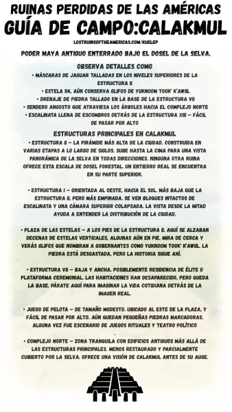 Guía de campo rápida en español para Calakmul, con estructuras clave, detalles ocultos y observaciones arqueológicas del sitio.