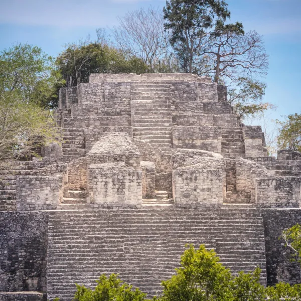 Structure II at Calakmul in Campeche, Mexico, a massive Maya pyramid with steep stone steps and jungle backdrop.