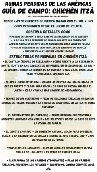 Guía de campo de Chichén Itzá en español de Ruinas Perdidas de las Américas con detalles de El Castillo, el Gran Juego de Pelota, el Templo de los Guerreros, el Observatorio, el Cenote Sagrado, el Templo de los Jaguares y la Plataforma de Cráneos.
