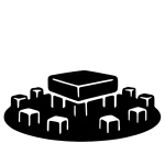 Black and white stencil-style icon of the Chincana Labyrinth on Isla del Sol, showing central square platform surrounded by smaller stone blocks in a circular layout