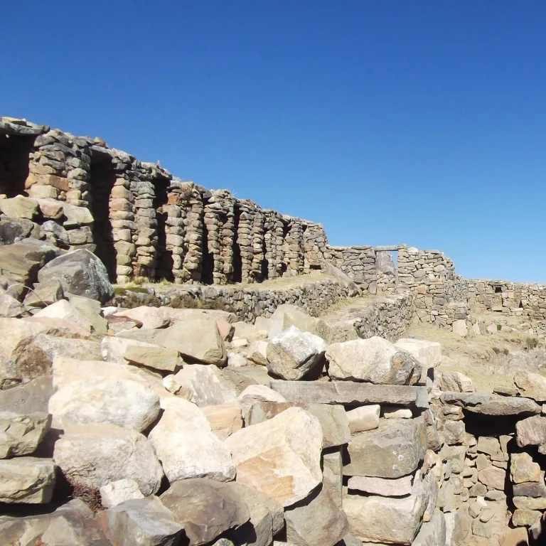 Terraced stone structures of the Chincana Labyrinth archaeological site on Isla del Sol, Bolivia.