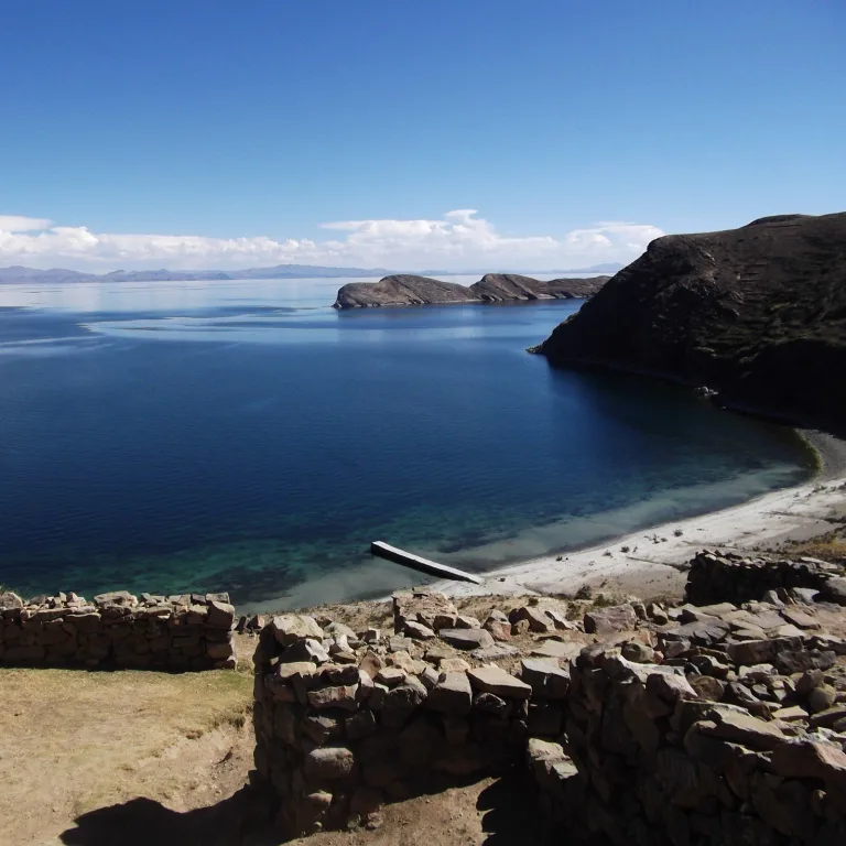 Chincana Labyrinth ruins overlooking Lake Titicaca from Isla del Sol in Bolivia.