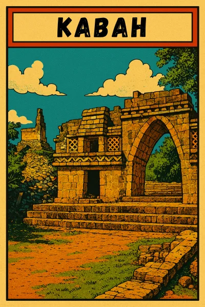 Comic book style illustration of Kabah Maya ruins Yucatan Mexico. Arched gateway and stone temples along the Puuc Route near Uxmal.