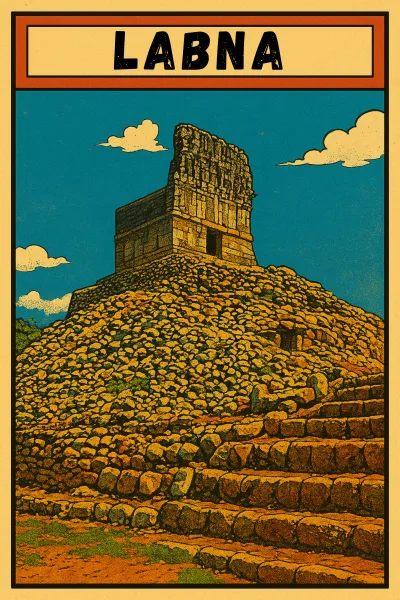 Comic book style illustration of Labna Maya ruins Yucatan Mexico. Ancient stone pyramid with temple on top along the Puuc Route.