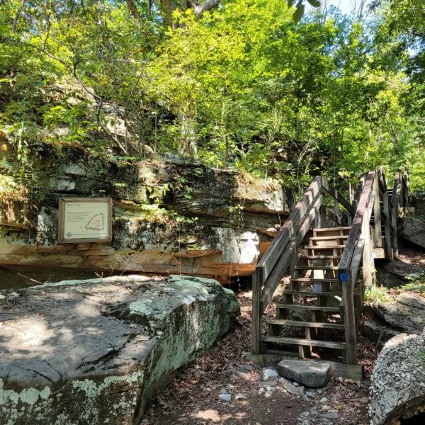 Wooden staircase leading to the trailhead at Millstone Bluff, with interpretive sign and stone outcrops in the Shawnee National Forest, Illinois.
