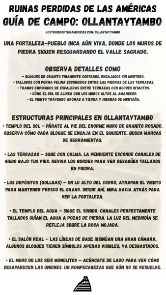Guía de campo de Ollantaytambo en español, con detalles para observar y estructuras principales del sitio arqueológico inca en el Valle Sagrado, Perú