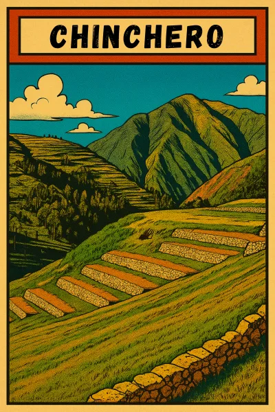Comic book inspired graphic of Chinchero in the Sacred Valley, Peru, with Inca terraces, stonework, and surrounding Andean mountains in retro adventure poster style.