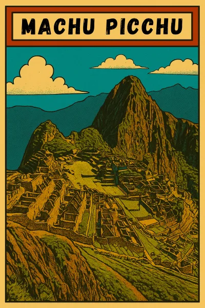 Vintage comic book style illustration of Machu Picchu, the Inca citadel in Peru, showing Huayna Picchu mountain and stone terraces under a bold retro sky.