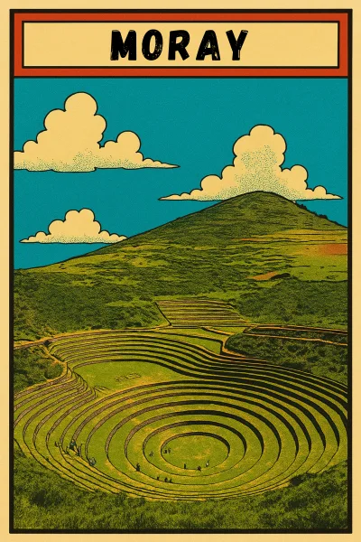 Vintage comic style artwork of Moray archaeological site in the Sacred Valley, Peru, depicting the concentric circular Inca terraces against a mountain backdrop.